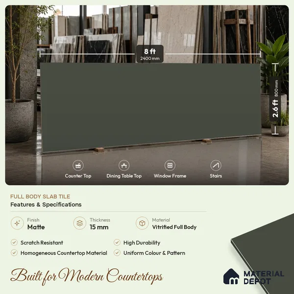 Plain Counter Top Slab TL 11513 G Olive 8 ft x 2.6 ft Full Body Vitrified Matte Finish - 15 mm | Suitable For Counter Top, Dining Table Top & Window Frame