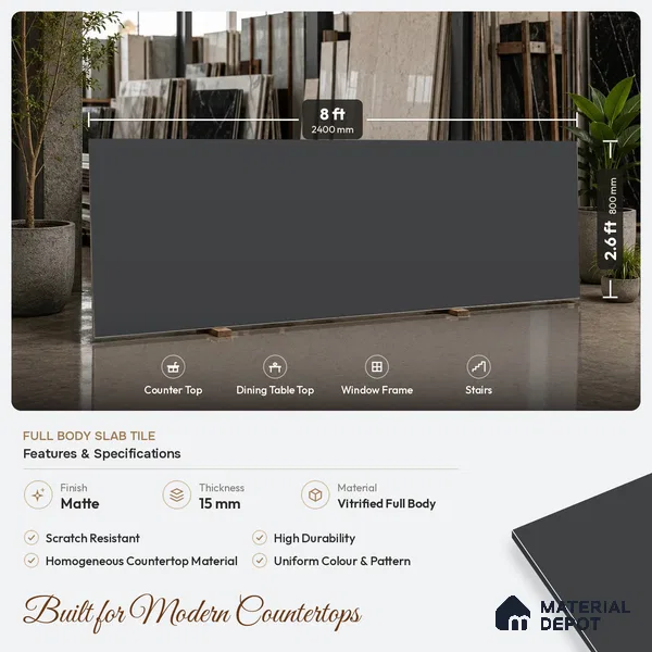 Plain Counter Top Slab TL 11513 H Oxford 8 ft x 2.6 ft Full Body Vitrified Matte Finish - 15 mm | Suitable For Counter Top, Dining Table Top & Window Frame