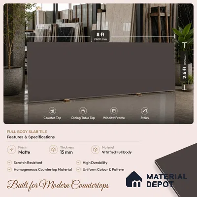 Plain Counter Top Slab TL 11513 I Panther 8 ft x 2.6 ft Full Body Vitrified Matte Finish - 15 mm | Suitable For Counter Top, Dining Table Top & Window Frame