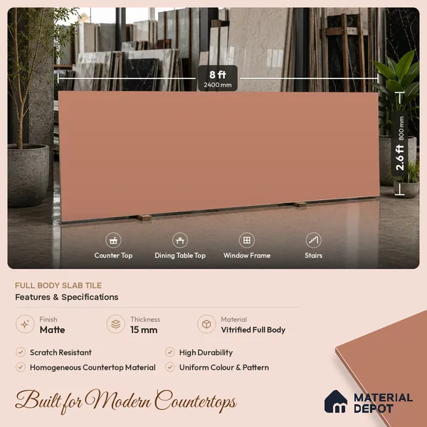 Plain Counter Top Slab TL 11513 J Peach 8 ft x 2.6 ft Full Body Vitrified Matte Finish - 15 mm | Suitable For Counter Top, Dining Table Top & Window Frame