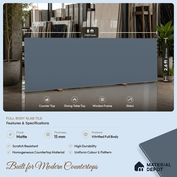Plain Counter Top Slab TL 11513 K Denil 8 ft x 2.6 ft Full Body Vitrified Matte Finish - 15 mm | Suitable For Counter Top, Dining Table Top & Window Frame