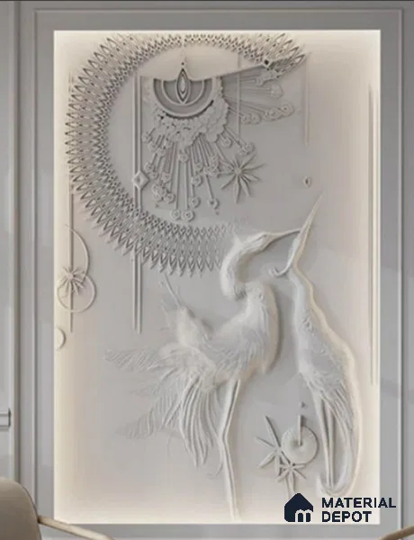Celestial Crane 3D Wall Mural (Exterior Grade) 9 ft x 6 ft Duco Paintable CNC Made HDHMR - 30 mm
