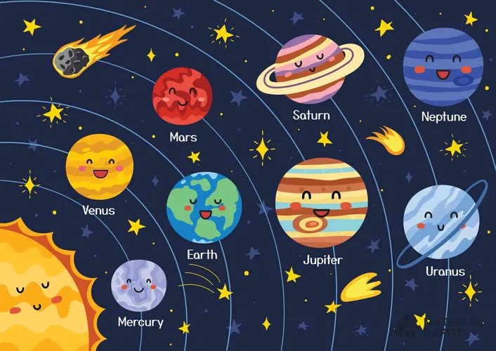 Cute Cartoon Planets and Sun Wallpaper Learning Space Print for Kids Wallpaper | Material Depot