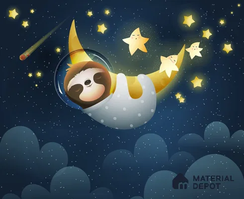 Cute Sloth Sleeping Peacefully on a Golden Moon Wallpaper Under Stars | WP 05248 B Non Woven | 150 GSM WP01MTF Paper | (MOQ = 30 Sq. Ft.)