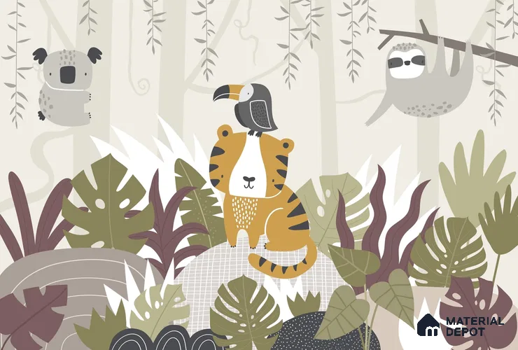 Cute Tropical Jungle Friends Wallpaper in a Playful Leafy Wonderland Wallpaper | Material Depot
