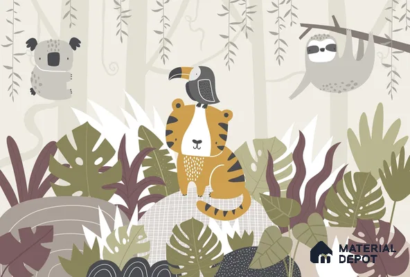 Cute Tropical Jungle Friends Wallpaper in a Playful Leafy Wonderland | WP 05238 Canvas | 250 GSM WP01CNF Paper | (MOQ = 30 Sq. Ft.)