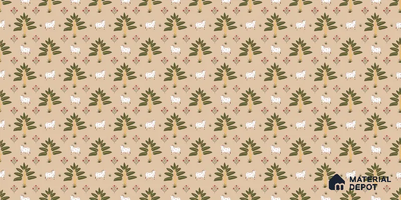 Ethnic Pichwai Cow Wallpaper Amidst Lush Banana Trees and Sacred Harmony | WP 05252 Canvas | 250 GSM WP01CNF Paper | (MOQ = 30 Sq. Ft.)