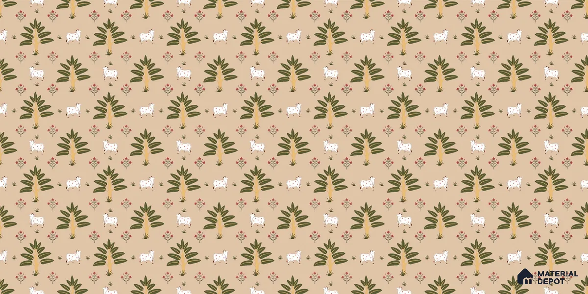 Ethnic Pichwai Cow Wallpaper Amidst Lush Banana Trees and Sacred Harmony | WP 05252 Canvas | 250 GSM WP01CNF Paper | (MOQ = 30 Sq. Ft.)