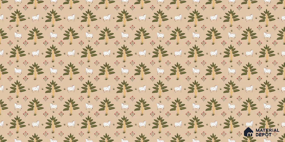Ethnic Pichwai Cow Wallpaper Amidst Lush Banana Trees and Sacred Harmony Wallpaper | Material Depot