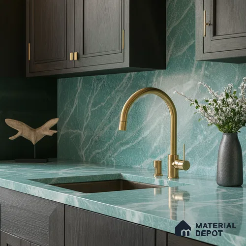 Belina Quartz QR 00040 Verdant Cascade Regalia Series 11.42 ft x 6.58 ft Quartz - 20 mm | 10 Years Warranty | Suitable for Kitchen, Restaurant, Counter Tops, Dining, Reception, office