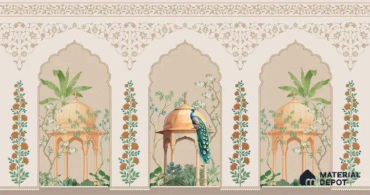 Floral Mughal Garden Wall Mural Wallpaper with Blooming Heritage Motifs | WP 05262 Canvas | 250 GSM WP01CNF Paper | (MOQ = 30 Sq. Ft.)