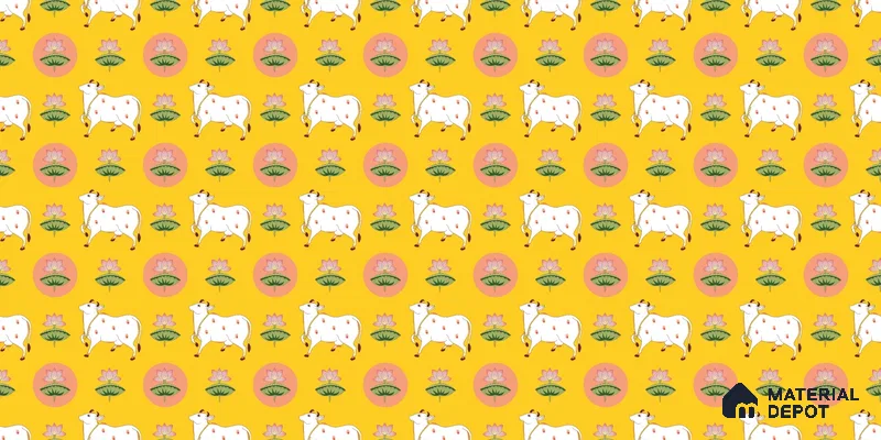 Golden Radiance Pichwai Cow and Lotus Motif Wallpaper on Vibrant Yellow Canvas | WP 05254 B Non Woven | 150 GSM WP01MTF Paper | (MOQ = 30 Sq. Ft.)