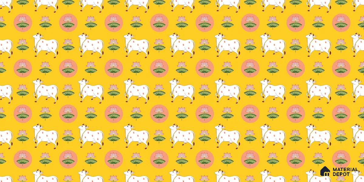 Golden Radiance Pichwai Cow and Lotus Motif Wallpaper on Vibrant Yellow Canvas | WP 05254 B Non Woven | 150 GSM WP01MTF Paper | (MOQ = 30 Sq. Ft.)