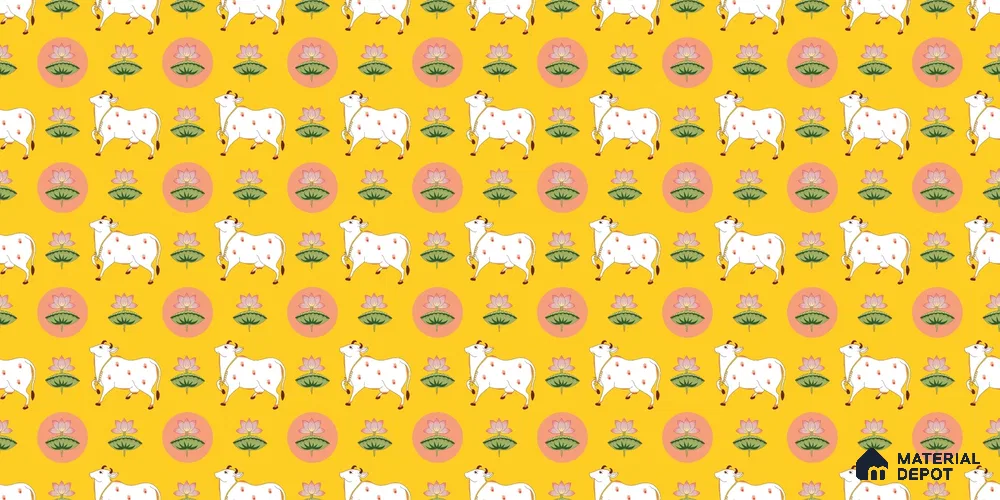 Golden Radiance Pichwai Cow and Lotus Motif Wallpaper on Vibrant Yellow Canvas Wallpaper | Material Depot