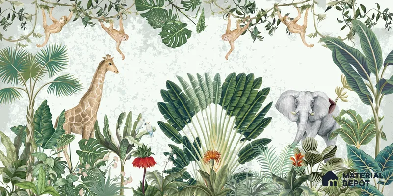 Botanical Safari Animals In Green Forest | WP 04057 B Non Woven Matte Finish Animal Print Style Premium Customized size Wallpaper | 150 GSM WP01MTF Paper | (MOQ = 30 Sq. Ft.)