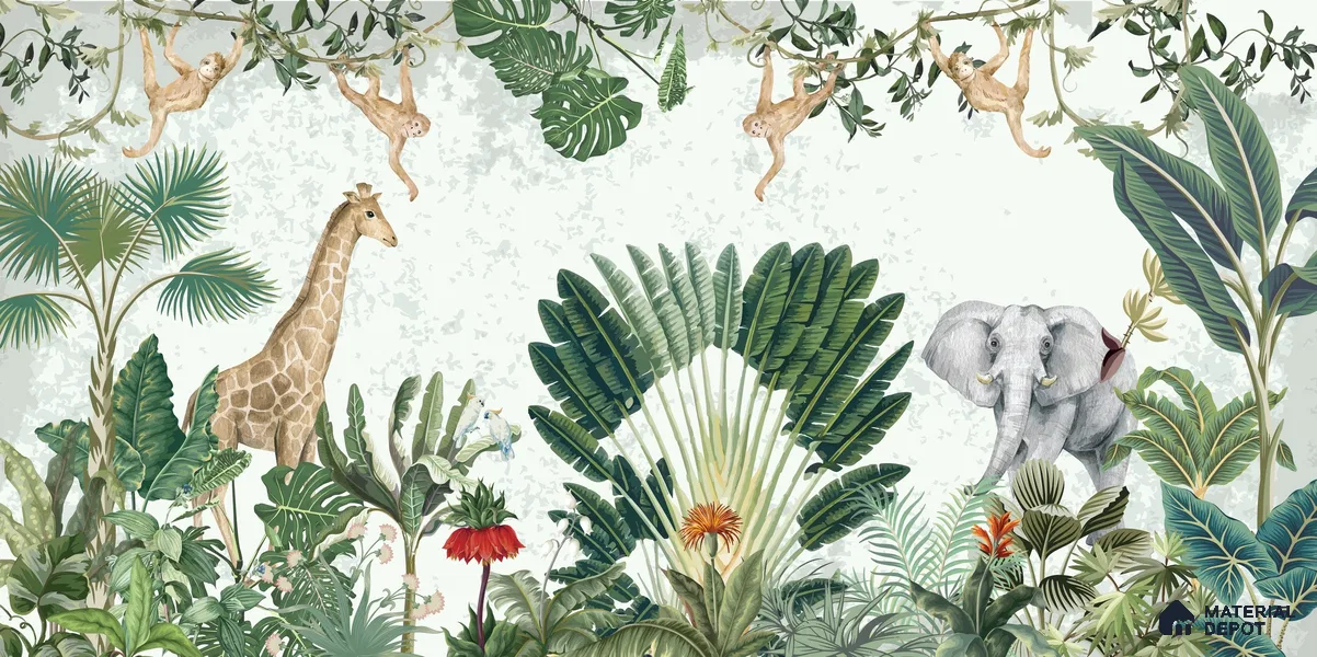 Botanical Safari Animals In Green Forest | WP 04057 B Non Woven Matte Finish Animal Print Style Premium Customized size Wallpaper | 150 GSM WP01MTF Paper | (MOQ = 30 Sq. Ft.)