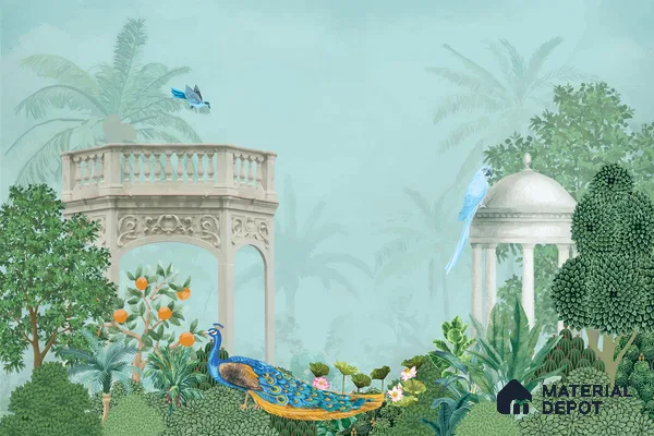 Peacock in the Palm Garden Leaf Tapestry | WP 04186 Non Woven Matte Finish Indian Style Premium Customized size Wallpaper | 150 GSM WP01MTF Paper | (MOQ = 30 Sq. Ft.)
