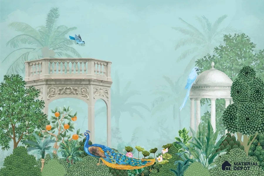 Peacock in the Palm Garden Leaf Tapestry | WP 04186 Non Woven Matte Finish Indian Style Premium Customized size Wallpaper | 150 GSM WP01MTF Paper | (MOQ = 30 Sq. Ft.)