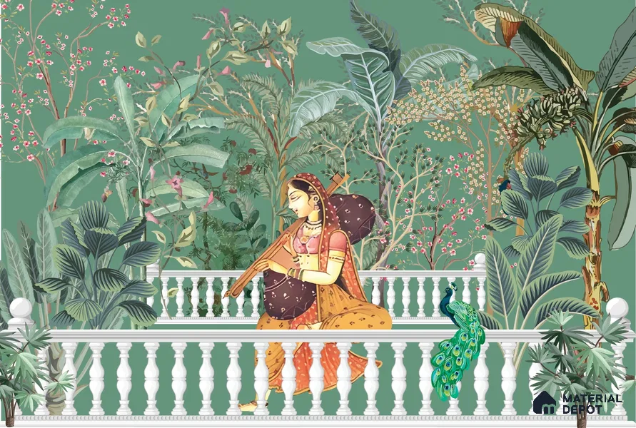Melody in the Palace Garden Mandala | WP 04191 B Canvas Texture Finish Indian Style luxurious Customized size Wallpaper | 250 GSM WP01CNF Paper | (MOQ = 30 Sq. Ft.)