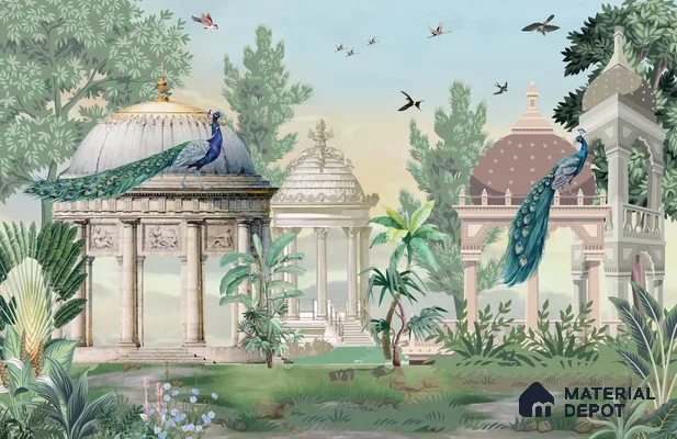 Garden Beneath the Birds | WP 04198 B Canvas Texture Finish Indian Style luxurious Customized size Wallpaper | 250 GSM WP01CNF Paper | (MOQ = 30 Sq. Ft.)