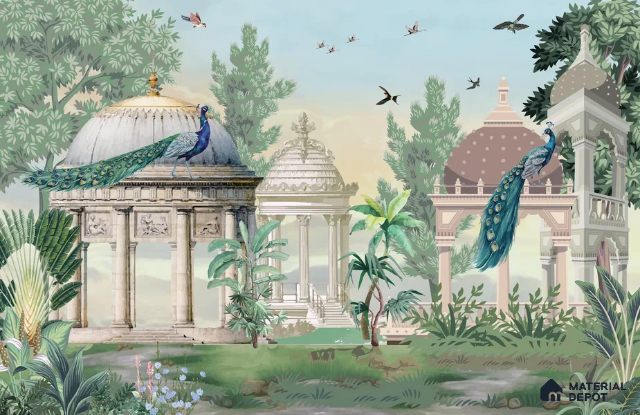 Garden Beneath the Birds | WP 04198 B Canvas Texture Finish Indian Style luxurious Customized size Wallpaper | 250 GSM WP01CNF Paper | (MOQ = 30 Sq. Ft.)