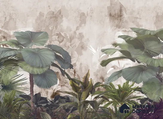 Mistveil Palm Garden Tropical Mist Nature Art | WP 04019 B Canvas Texture Finish Tropical Style luxurious Customized size Wallpaper | 250 GSM WP01CNF Paper | (MOQ = 30 Sq. Ft.)