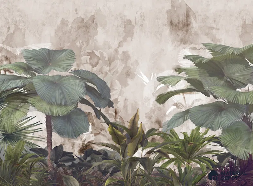 Mistveil Palm Garden Tropical Mist Nature Art | WP 04019 B Canvas Texture Finish Tropical Style luxurious Customized size Wallpaper | 250 GSM WP01CNF Paper | (MOQ = 30 Sq. Ft.)