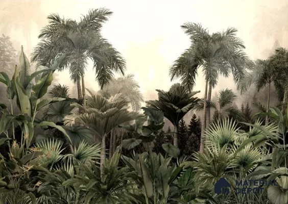 Golden Canopy Dawn Tropical Mist Nature Art | WP 04015 B Canvas Texture Finish Tropical Style luxurious Customized size Wallpaper | 250 GSM WP01CNF Paper | (MOQ = 30 Sq. Ft.)