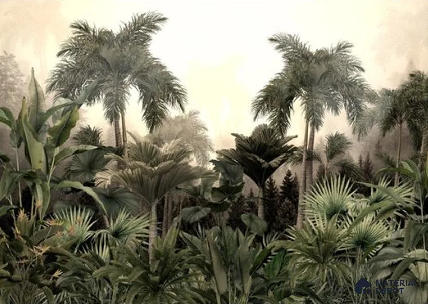Golden Canopy Dawn Tropical Mist Nature Art | WP 04015 B Canvas Texture Finish Tropical Style luxurious Customized size Wallpaper | 250 GSM WP01CNF Paper | (MOQ = 30 Sq. Ft.)