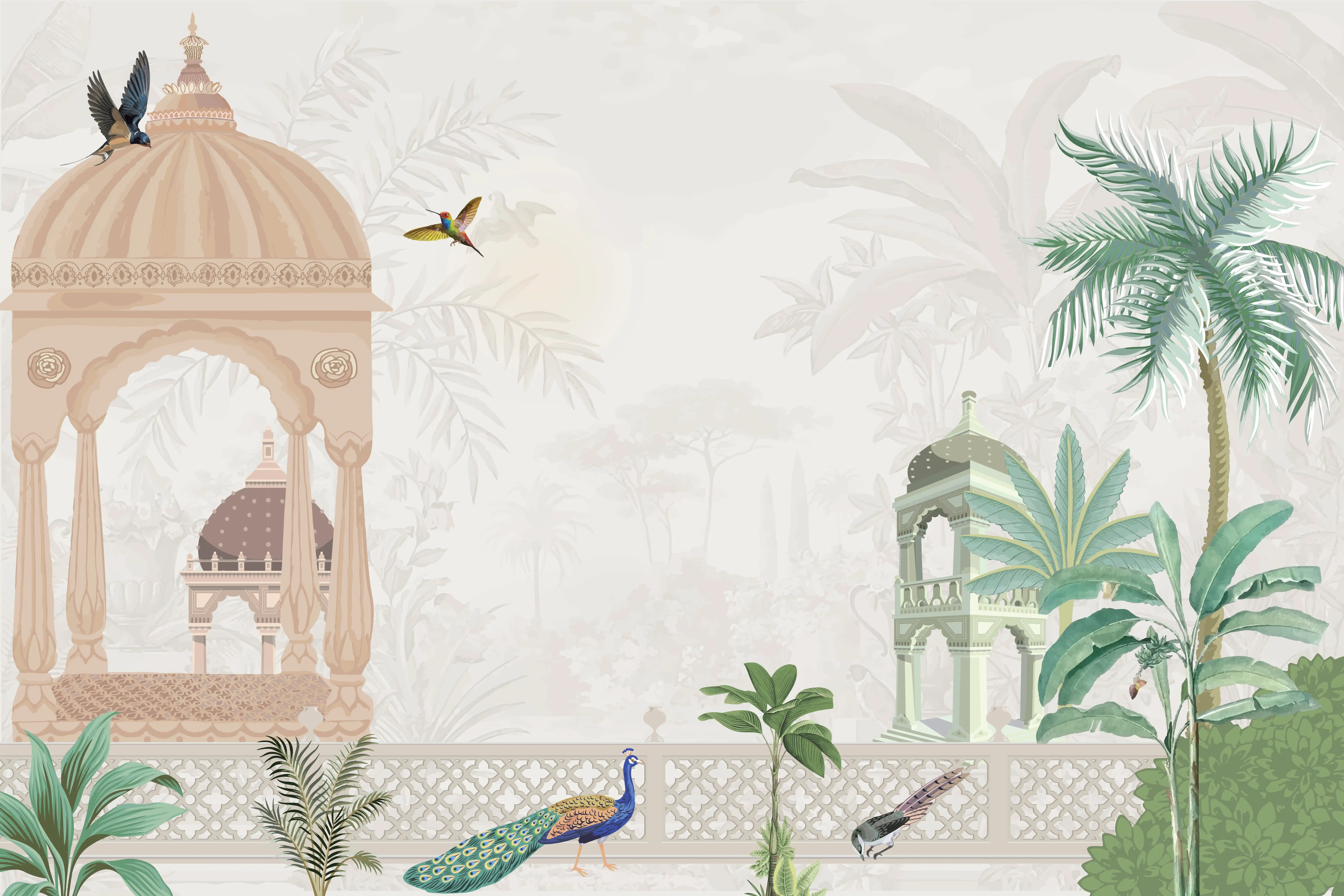 Quiet Courtyard Amber Rajput Leaf Fresco | WP 04177 Non Woven Matte Finish Indian Style Premium Customized size Wallpaper | 150 GSM WP01MTF Paper | (MOQ = 30 Sq. Ft.) | Design change not possible