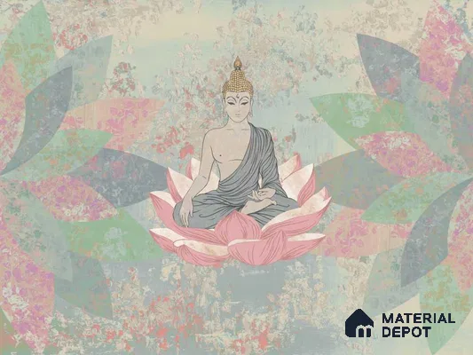 Lotus of Quiet Awakening Buddha At Meditation On Lotus | WP 04098 B Canvas Texture Finish Indian Style luxurious Customized size Wallpaper | 250 GSM WP01CNF Paper | (MOQ = 30 Sq. Ft.)