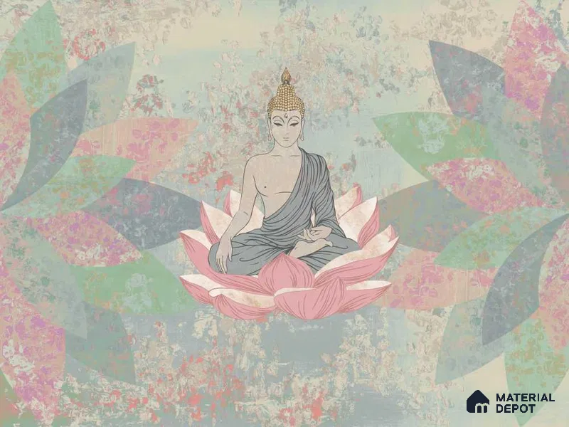 Lotus of Quiet Awakening Buddha At Meditation On Lotus | WP 04098 B Canvas Texture Finish Indian Style luxurious Customized size Wallpaper | 250 GSM WP01CNF Paper | (MOQ = 30 Sq. Ft.)