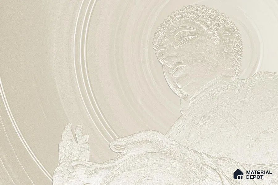 Whisper of Enlightenment Mystic Stone Buddha | WP 04095 B Canvas Texture Finish Indian Style luxurious Customized size Wallpaper | 250 GSM WP01CNF Paper | (MOQ = 30 Sq. Ft.)