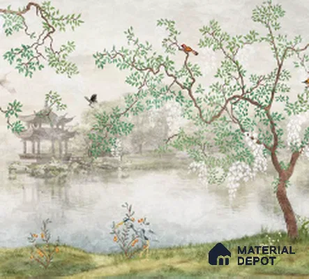 Whispering Grove Chinoserie Blossom Oriental Mural Art | WP 04008 B Canvas Texture Finish Chinoiserie Style luxurious Customized size Wallpaper | 250 GSM WP01CNF Paper | (MOQ = 30 Sq. Ft.)