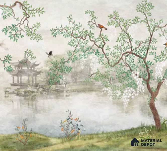 Whispering Grove Chinoserie Blossom Oriental Mural Art | WP 04008 B Canvas Texture Finish Chinoiserie Style luxurious Customized size Wallpaper | 250 GSM WP01CNF Paper | (MOQ = 30 Sq. Ft.)