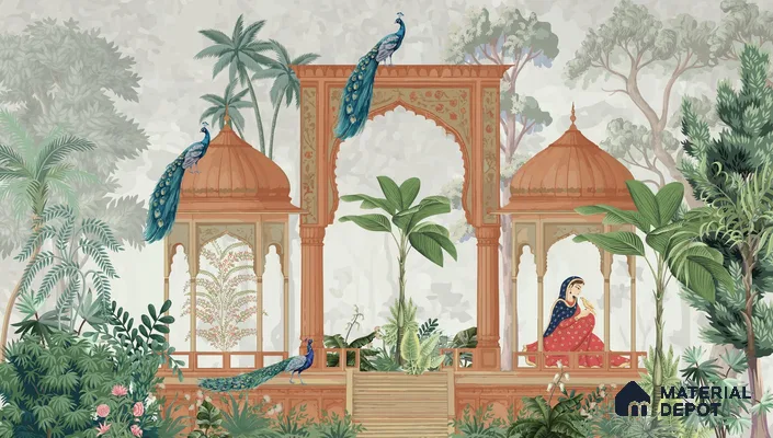Rajmahal Garden Elegant Haveli Motif | WP 04169 Non Woven Matte Finish Indian Style Premium Customized size Wallpaper | 150 GSM WP01MTF Paper | (MOQ = 30 Sq. Ft.)
