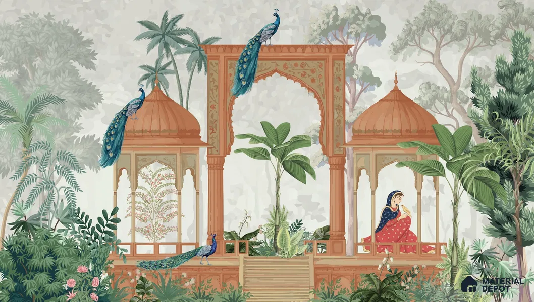 Rajmahal Garden Elegant Haveli Motif | WP 04169 Non Woven Matte Finish Indian Style Premium Customized size Wallpaper | 150 GSM WP01MTF Paper | (MOQ = 30 Sq. Ft.)