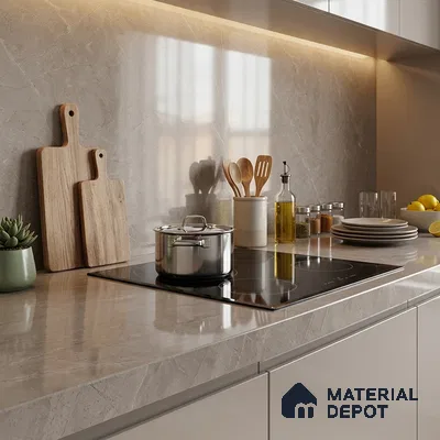 Plain Counter Top Slab TL 12645 Viget Gris 8 ft x 2.62 ft White Full Body Vitrified Glossy Finish - 15 mm | Suitable For Counter Top, Dining Table Top & Window Frame