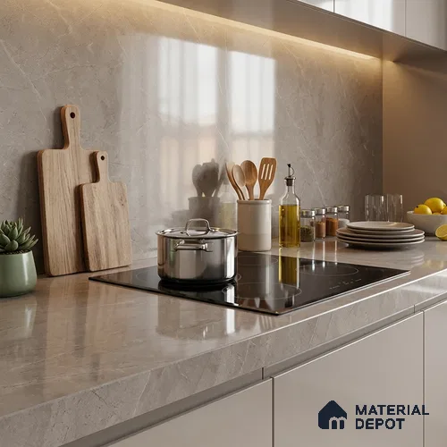Plain Counter Top Slab TL 12645 Viget Gris 8 ft x 2.62 ft White Full Body Vitrified Glossy Finish - 15 mm | Suitable For Counter Top, Dining Table Top & Window Frame