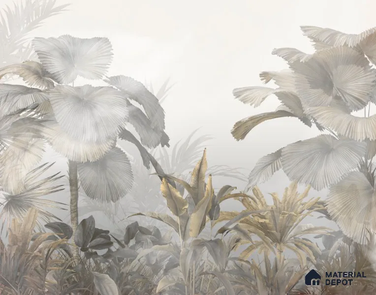 Ivory Palm Haze Tropical Mist Nature Art | WP 04016 Non Woven Matte Finish Tropical Style Premium Customized size Wallpaper | 150 GSM WP01MTF Paper | (MOQ = 30 Sq. Ft.)