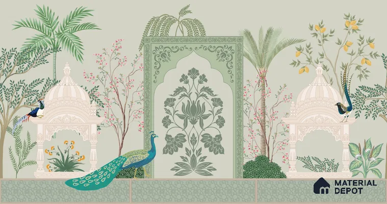 Ornamental Courtyard Pichwai | WP 04188 B Canvas Texture Finish Indian Style luxurious Customized size Wallpaper | 250 GSM WP01CNF Paper | (MOQ = 30 Sq. Ft.)