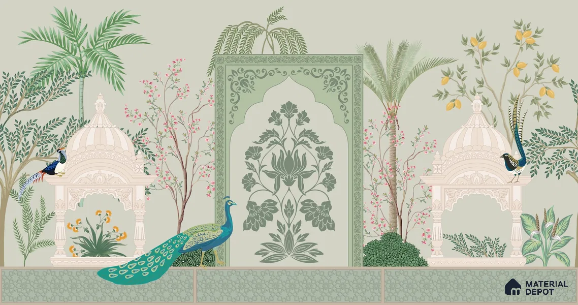Ornamental Courtyard Pichwai | WP 04188 B Canvas Texture Finish Indian Style luxurious Customized size Wallpaper | 250 GSM WP01CNF Paper | (MOQ = 30 Sq. Ft.)