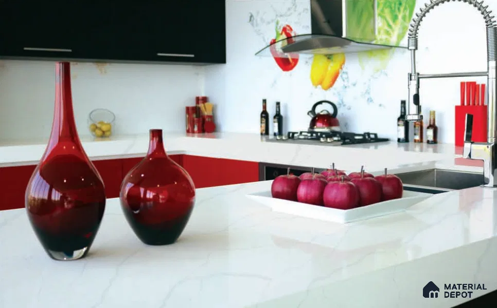 Belina Quartz QR 00288 Calacatta Arctic Helsinki Series 10.5 ft x 5.35 ft Quartz - 20 mm | 10 Years and Replacement Warranty | Suitable for Kitchen, Restaurant, Counter Tops, Dining, Reception, office