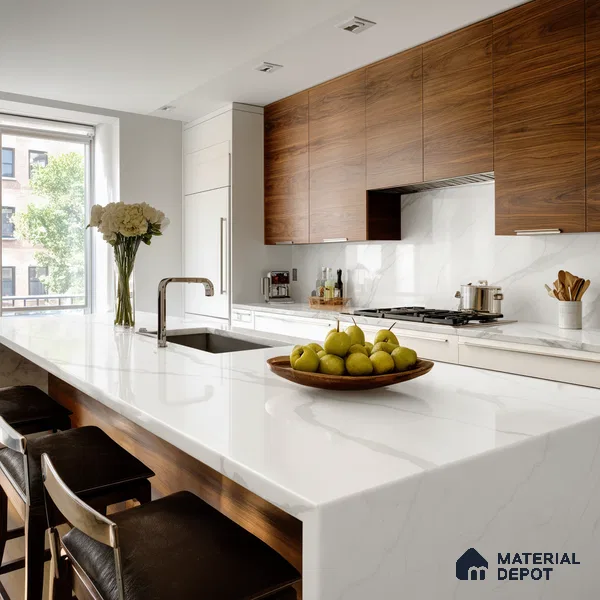 Belina Quartz QR 00288 Calacatta Arctic Helsinki Series 10.5 ft x 5.35 ft Quartz - 20 mm | 10 Years and Replacement Warranty | Suitable for Kitchen, Restaurant, Counter Tops, Dining, Reception, office