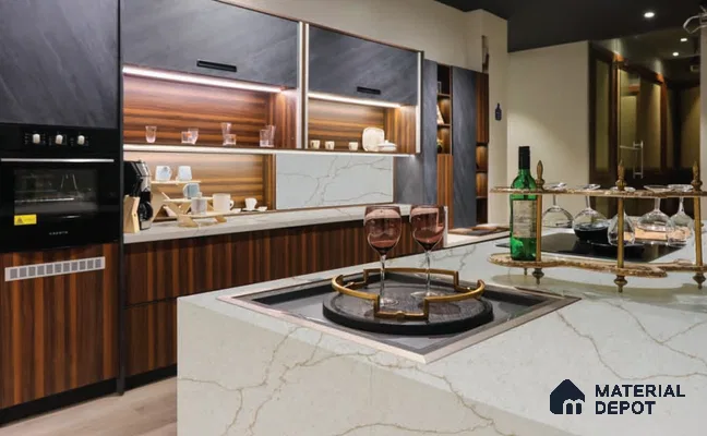 Belina Quartz QR 00278 Calacatta Imperiale Gold Helsinki Series 10.5 ft x 5.35 ft Quartz - 20 mm | 10 Years and Replacement Warranty | Suitable for Kitchen, Restaurant, Counter Tops, Dining, Reception, office