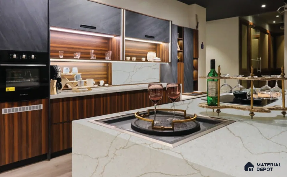 Belina Quartz QR 00278 Calacatta Imperiale Gold Helsinki Series 10.5 ft x 5.35 ft Quartz - 20 mm | 10 Years and Replacement Warranty | Suitable for Kitchen, Restaurant, Counter Tops, Dining, Reception, office