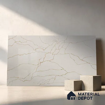 Belina Quartz QR 00278 Calacatta Imperiale Gold Helsinki Series 10.5 ft x 5.35 ft Quartz - 20 mm | 10 Years and Replacement Warranty | Suitable for Kitchen, Restaurant, Counter Tops, Dining, Reception, office