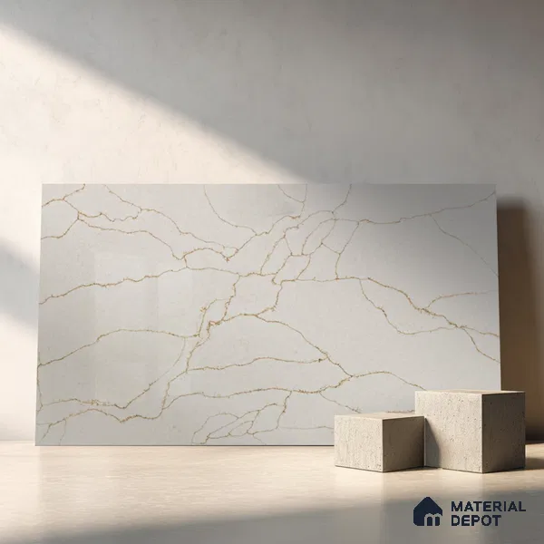 Belina Quartz QR 00278 Calacatta Imperiale Gold Helsinki Series 10.5 ft x 5.35 ft Quartz - 20 mm | 10 Years and Replacement Warranty | Suitable for Kitchen, Restaurant, Counter Tops, Dining, Reception, office