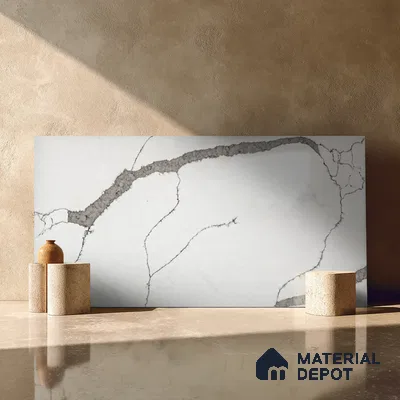 Belina Quartz QR 00290 Calacatta Firenze Helsinki Series 10.5 ft x 5.35 ft Quartz - 20 mm | 10 Years and Replacement Warranty | Suitable for Kitchen, Restaurant, Counter Tops, Dining, Reception, office