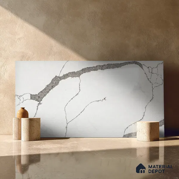 Belina Quartz QR 00290 Calacatta Firenze Helsinki Series 10.5 ft x 5.35 ft Quartz - 20 mm | 10 Years and Replacement Warranty | Suitable for Kitchen, Restaurant, Counter Tops, Dining, Reception, office